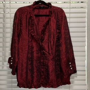 Formal Violin Ruffled trim satouche embroidered Blouse in Wine Red